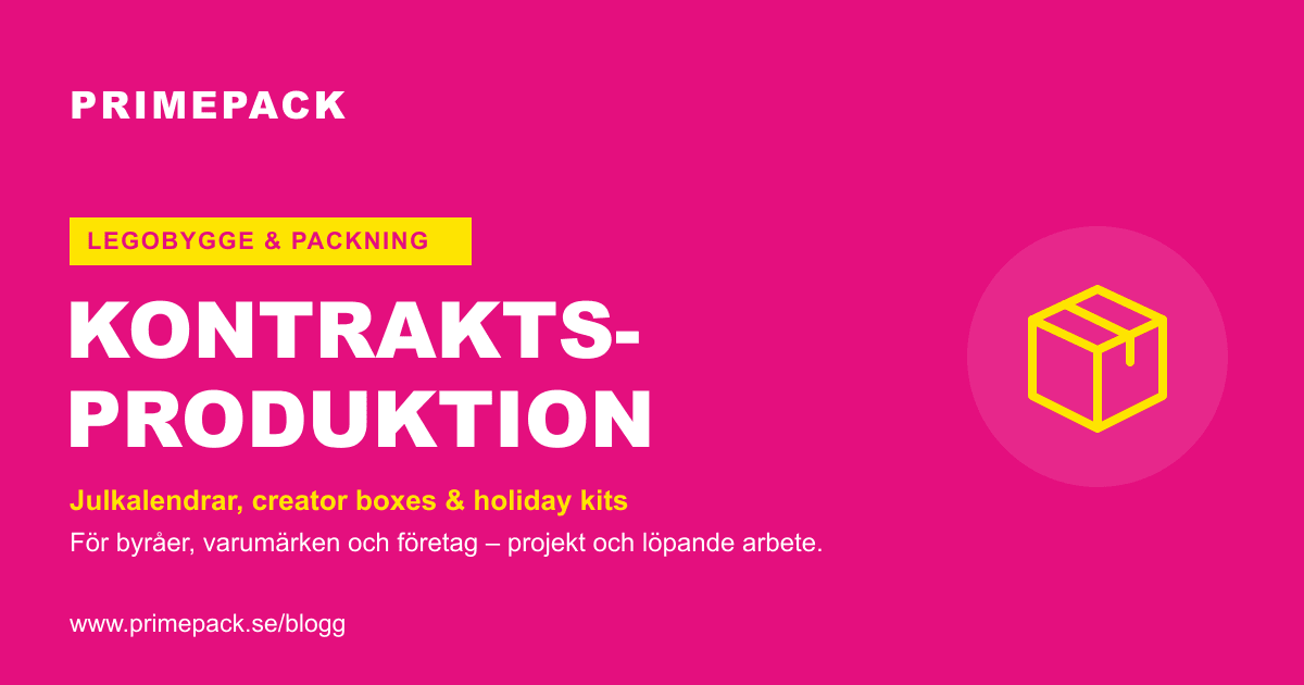 Omslagsbild med texten Kontraktsproduktion, en kartongikon och exempel på julkalendrar, creator boxes och holiday kits