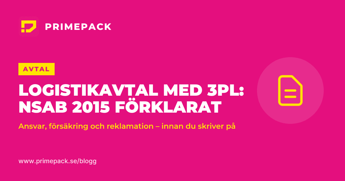 Omslagsbild med rubriken Logistikavtal med 3PL: NSAB 2015 förklarat och en dokumentikon på magenta bakgrund